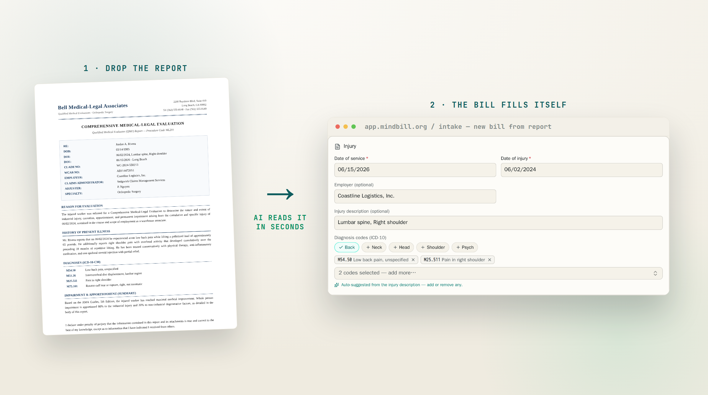 Drop a med-legal report — MindBill's AI fills the bill