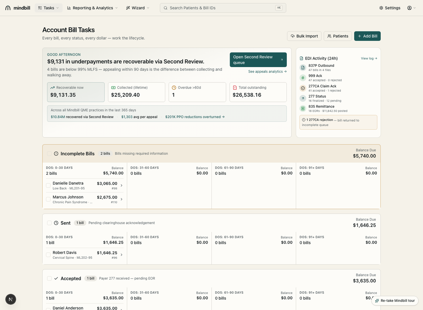 MindBill workers' comp billing dashboard